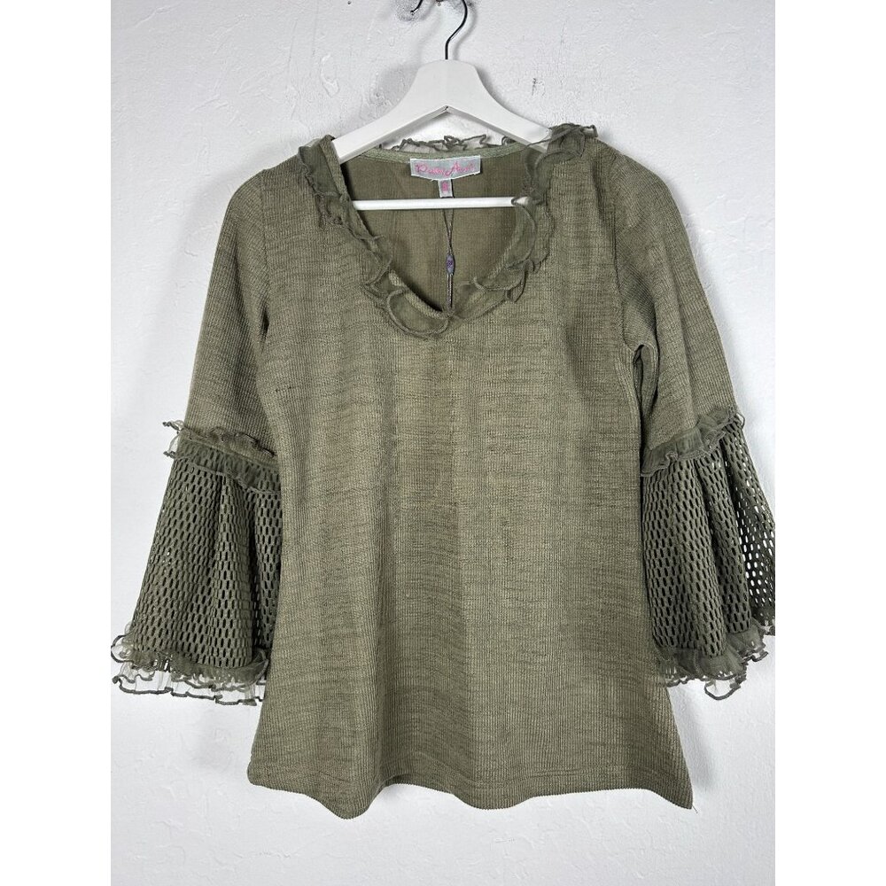 Pretty Angel Womens Green Ruffle Trim Mesh Bell Sleeve Top Blouse Small New